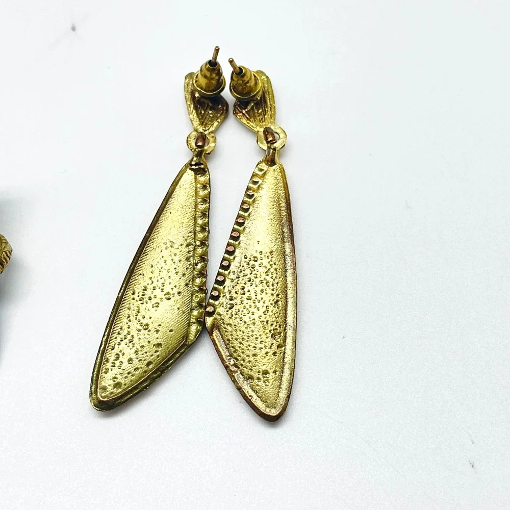Pierced Earrings Lot of 3 Rhinestone Studs Gold Tone Hoops Cream Enamel Dangle